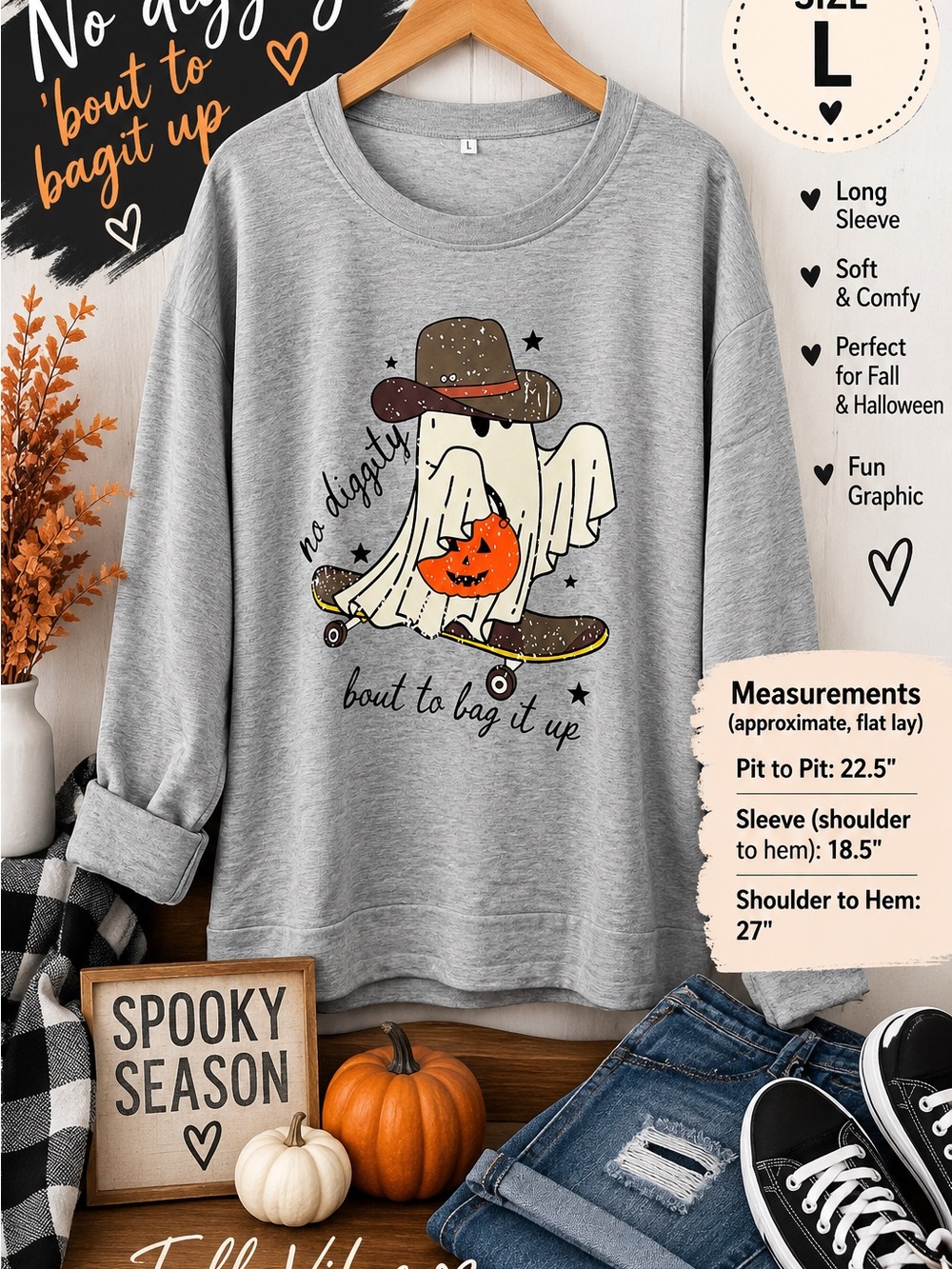 Women's Gray Halloween Ghost Skateboard Pullover Sweatshirt